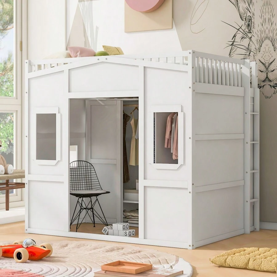 Full Size House Loft Bed With Ladder And Wardrobe-White - 白色+實木+全如圖 - 查看 1
