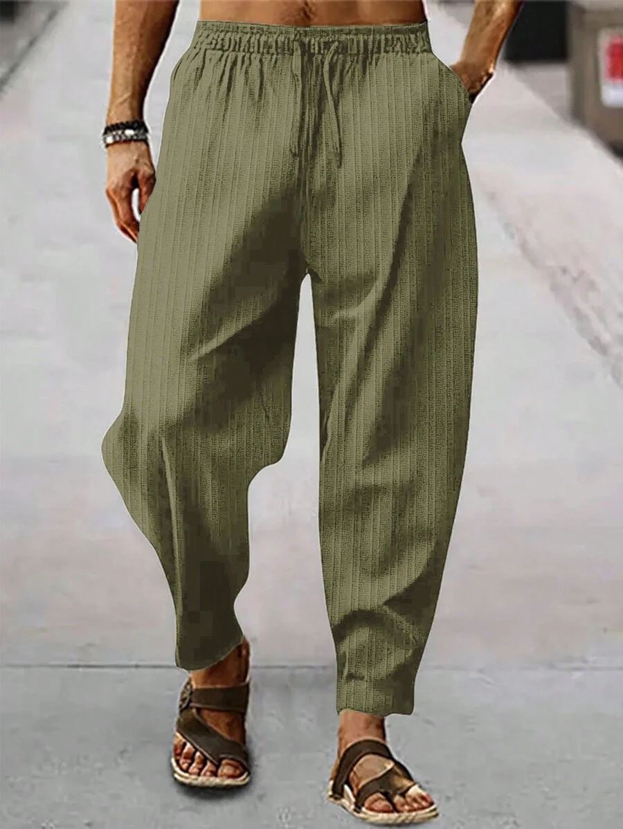 Men's Retro Solid Color Textured Tapered Pants, Exuding An Old Money Vibe, Suitable For Casual Daily Wear, All-Season, Essential For Autumn - Army Green - View 1