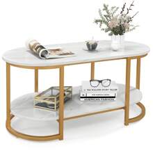 Modern Faux Marble Coffee Table 2-Tier Rectangular Chic Cocktail Accent Table With Gold Finished Metal Frame For Living Room, Bedroom - Gold - View 1