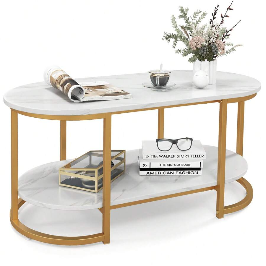 Modern Faux Marble Coffee Table 2-Tier Rectangular Chic Cocktail Accent Table With Gold Finished Metal Frame For Living Room, Bedroom - Gold - View 1