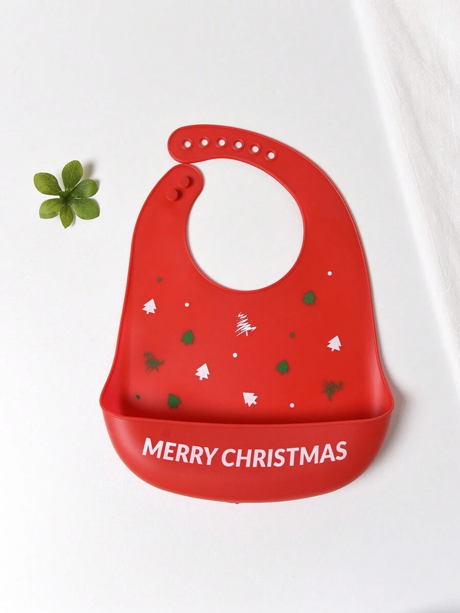 1pc Baby Christmas Series Silicone Bib, Waterproof, Stain-Resistant, Leak-Proof, Suitable For Baby Feeding, Designs Include Snowman, Santa Hat, Penguin, Bear In Sweater - Red - View 1