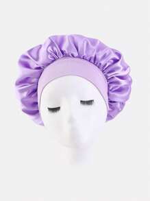 1pc Ladies' 30cm Diameter Satin Wide Edge Sleep Cap Hair Wrap For Daily Use Silk Bonnet Satin Bonnet Hair Sleep Cap - Violet Purple - View 4