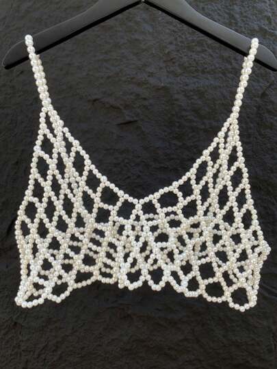 DEKUNER 1pc New Japan And South Korea Style Of Simple Faux Pearl Halter Tops Teen Style Cute Beaded Beautifully Cami Vest 1pc Simple Faux Pearl Halter Tops Teen Style Cute Beaded Beautifully Cami Vest Can Be Paired With A Suit Sweater