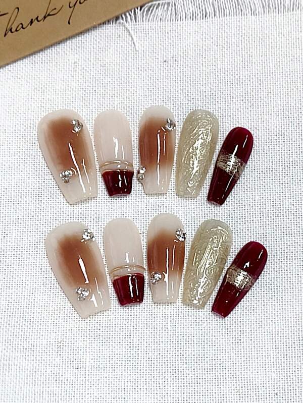 10 pièces Set d'embouts d'ongles en forme de cercueil élégants, faits à la main, comprenant 1 bouteille de gel jelly et 1 lime à ongles, pour fête, mariage, port quotidien - couleur thé givré