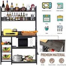 Kitchen Bakers Rack With Baskets,Freestanding Kitchen Shelf,5-Tier Kitchen Utility Storage Shelf With Hooks, Microwave Oven Stand Rack,Multifunctional Kitchen Storage Rack,Coffee Bar,Grey - Grey - View 4