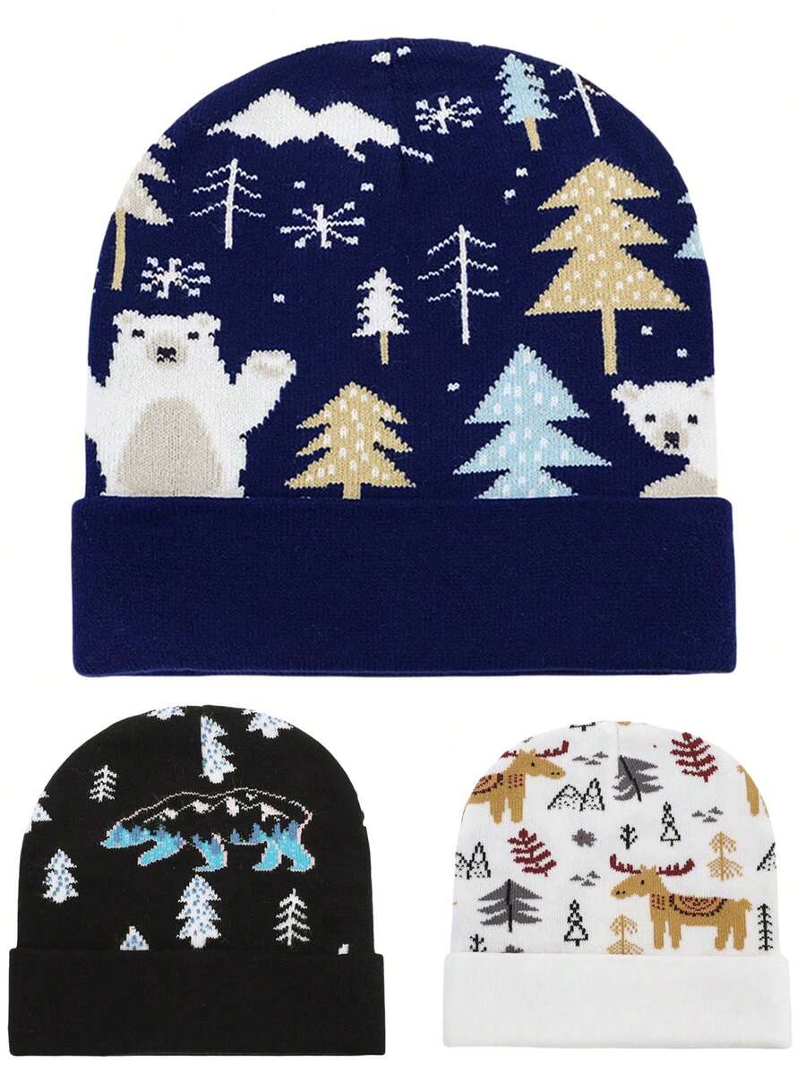 1 件冬季男女通用圣诞印花针织帽，温暖时尚防寒冬帽，适合日常佩戴 - 彩色 - 查看 1