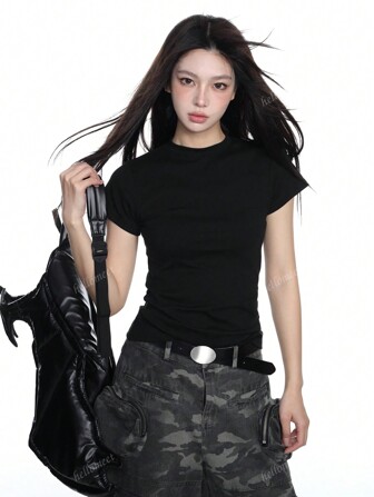 Vintage schwarzes figurbetontes kurzes Arm T-Shirt für Damen, lässiges schmal geschnittenes Sommer Schulterausschnitt Pullover Top