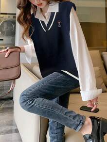 Alicedudu Fashionable Cartoon Pattern V-Neck Pullover Vest