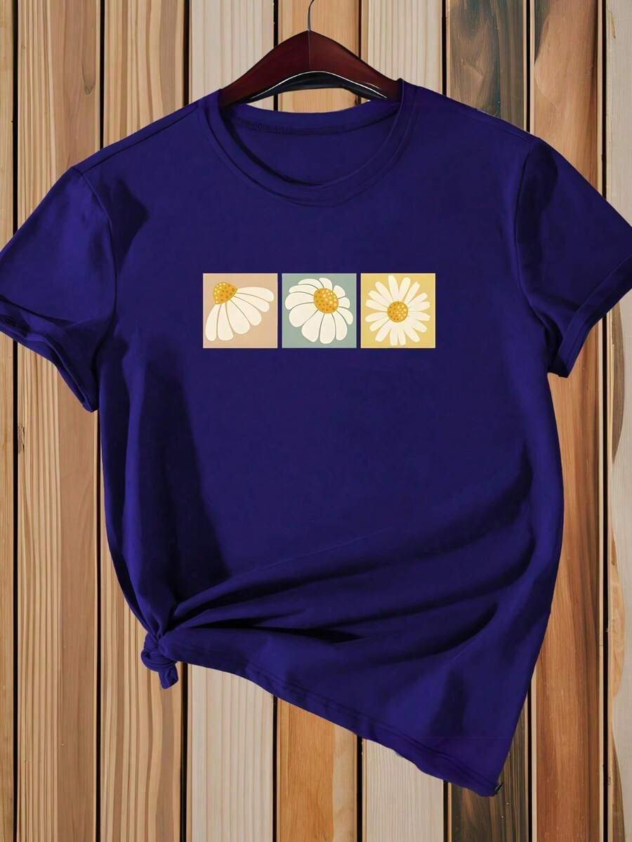 Women's T-Shirt With Daisy Flower Print - 藏蓝色 - 查看 1