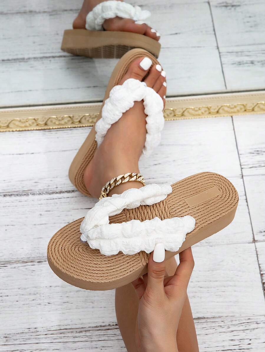 Nowość Oryginalny design Mori Style Minimalistyczny Uniwersalny Modny Lekki Klapki Sandały Na Plażę/Wakacje, Oddychające Miękkie Swobodne Wygodne Białe Imitacja Sznurka Wzorzyste Klapki Na Koturnie Z Separatorem Palców - Biały - Zobacz 1