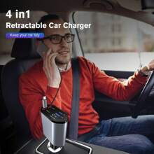 120W 4-In-1 Retractable Super Fast Car Charger - Fast Charging Adapter With Type C/For Ios Retractable Cables Compatible With IOS 15/14/13/12/11, Galaxy, Pixel And All IOS And Android Devices - Safe And Reliable Car Plug With 36V Operating Voltage