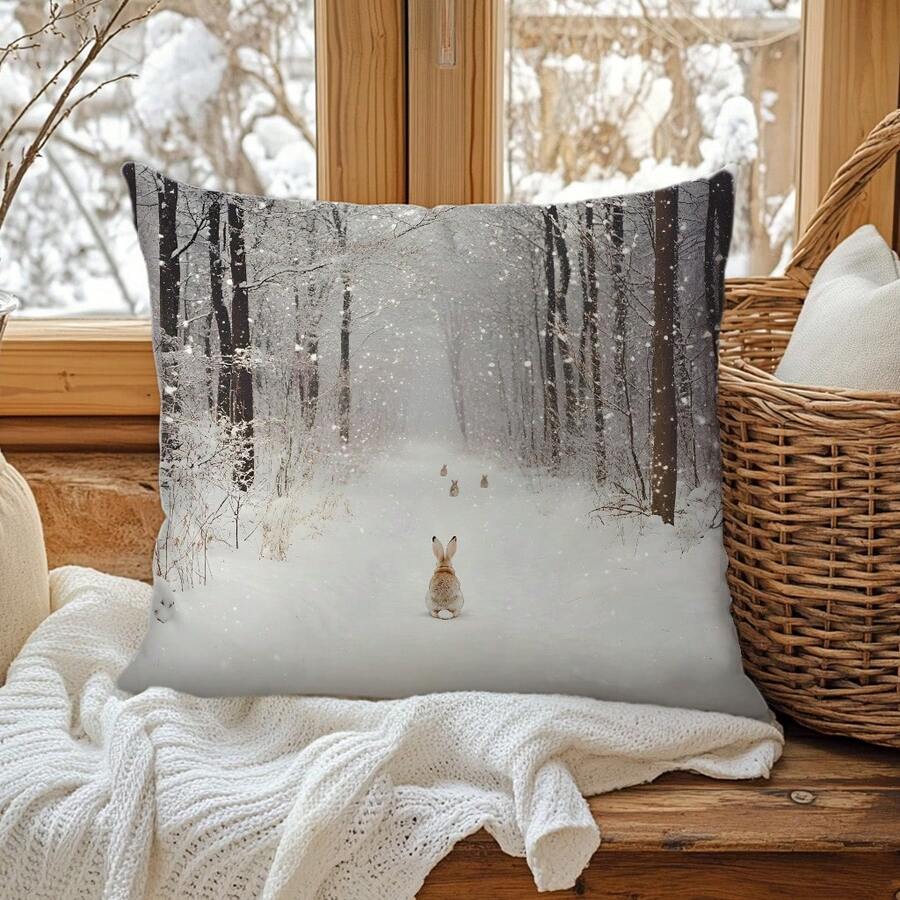 1 vỏ gối trang trí hình thỏ mùa đông đứng trong rừng tuyết, chất liệu nhung san hô in một mặt, kích thước 45*45CM/18*18inch cho ghế sofa hiện đại, trang trí phòng khách, trang trí tiệc, quà tặng - Nhiều màu - Xem 1