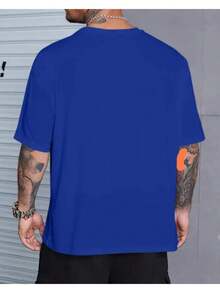 Men's Casual Short Sleeve T-Shirt With MOONMAN Cartoon Print - 寶藍色 - 查看 2