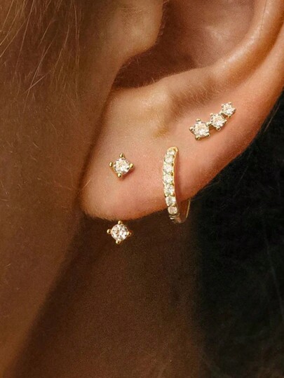 6pcs Simple Copper Zirconia Hoop Earrings Set For Women, Couples, Sisters, Holiday, Daily Matching