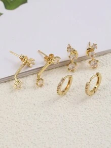 6pcs Simple Copper Zirconia Hoop Earrings Set For Women, Couples, Sisters, Holiday, Daily Matching - Yellow Gold - View 4
