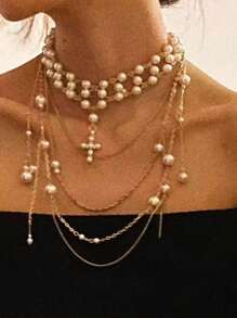 1pc White Multi-Layer Pearl Cross Tassel Necklace, Elegant And Fashionable Pearl Chain Necklace For Women, Halloween Party Jewelry
