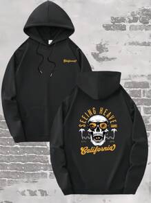 Boyfriend Style Men's New Hooded Sweatshirt, Casual Daily Drawstring Hooded Sports Shirt, Day Of The Dead Cartoon Skull & English Letter Print, Front Kangaroo Pocket, Boyfriend Style Men's Tops - Black - View 2