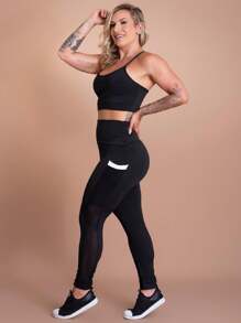 Women's Fitness Set High Waist Leggings With Mesh Pocket And Cropped Top With Straps Workout Gym Fashion F7 NEW STYLE - trắng - Xem 2