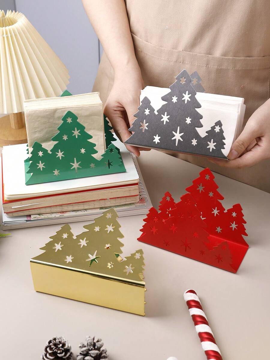 1pc Stainless Steel Christmas Tree Napkin Holder, Creative Christmas Tree Napkin Dispenser For Hotel Restaurant Tabletop, Silver/Red/Green/Gold - Multicolor - View 1