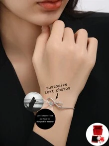 Vòng tay tùy chỉnh với mặt dây chuyền hình số 8 thời trang, vòng tay có thể điều chỉnh chiếu 100 ngôn ngữ "Anh yêu em", cá nhân hóa bằng ảnh đen trắng giống phim, trích dẫn khắc, dành cho bạn gái, mẹ, bạn thân, đeo hàng ngày - Bạc - Xem 1