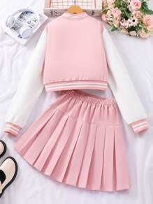 Tween Girl Baseballjack & Geplooide Rok 2-delige Outfit, Schoolstijl