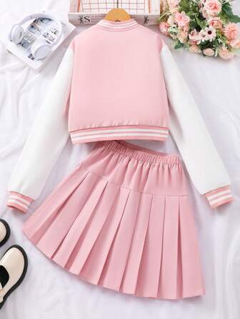 青少年女孩棒球夹克和百褶裙 2 件套服装，校园风格