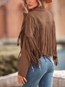 Women's Fringe Suede Leather Jacket Fashion Fringe Motorcycle Short Jacket - Cà phê nâu - Xem 2