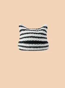1pc Striped Cute Pattern Cat Ear Shaped Knitted Hat, Warm Comfortable Soft, Y2K Style, Black & Gray, Suitable For School Wear Animal Ears - Knitted Striped Hat - View 8