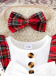 2pcs Baby Girl Bow-Knot Decor White Ribbed & Red Plaid Ruffled Bodysuit With Headband, Spring & Autumn - Red - View 4