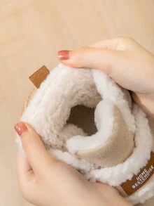 女士纯色厚底雪地靴，休闲一脚蹬毛绒衬里靴，舒适冬靴 - 卡其色 - 查看 2