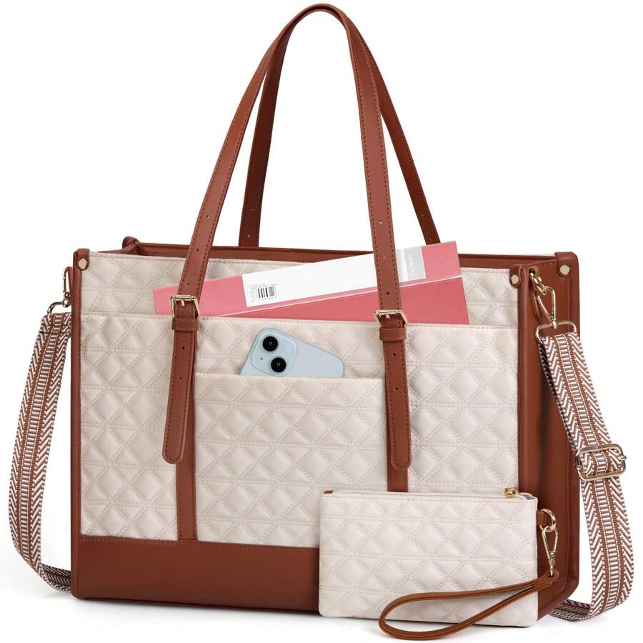 Laptop Bag For Women 15.6 Inch Vegan Leather Work Tote Bag Quilted Womens Briefcase Designer Laptop Bags For Office Teacher College Cute Computer Bag With Purse Professional - Màu be - Xem 1