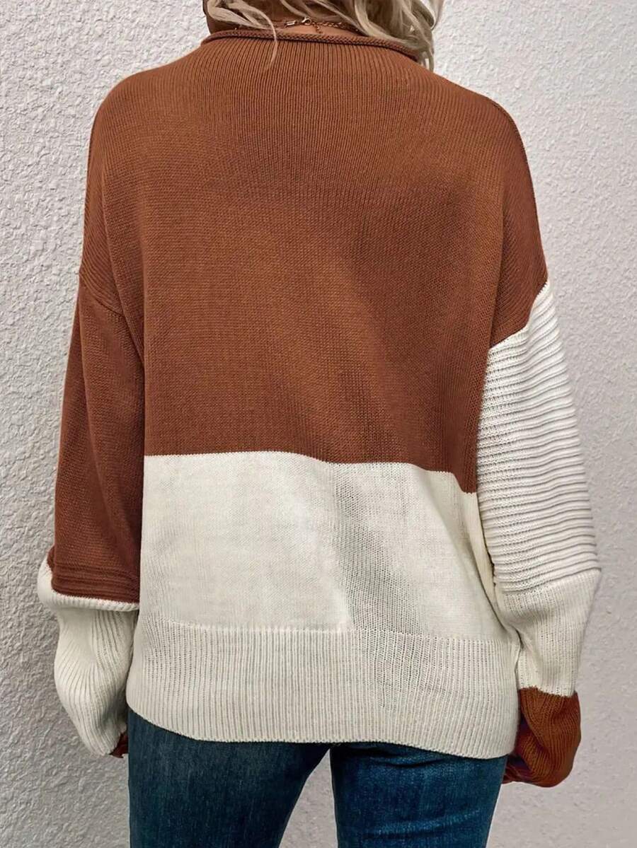Women Drop Shoulder Colorblock Long Sleeve Sweater, Autumn/Winter - Camel - View 1