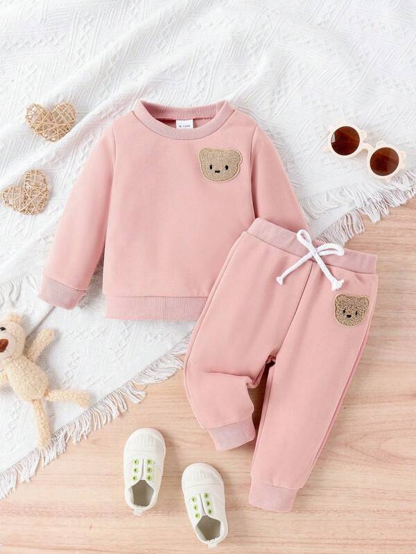 2 pièces/set Ensemble Sweat-shirt-shirt à manches longues et pantalon décontracté avec imprimé ours rose pour bébé fille, automne/hiver
