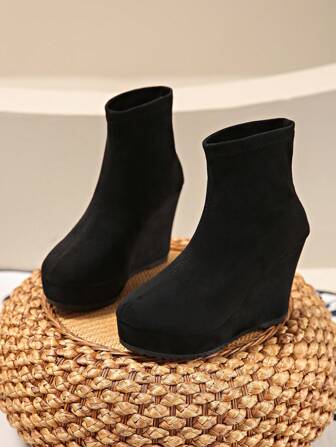 Women's Casual Suede Chunky Heel Slip-On Ankle Boots, Black