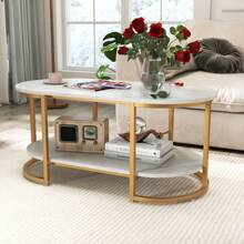Modern Faux Marble Coffee Table 2-Tier Rectangular Chic Cocktail Accent Table With Gold Finished Metal Frame For Living Room, Bedroom - Gold - View 5