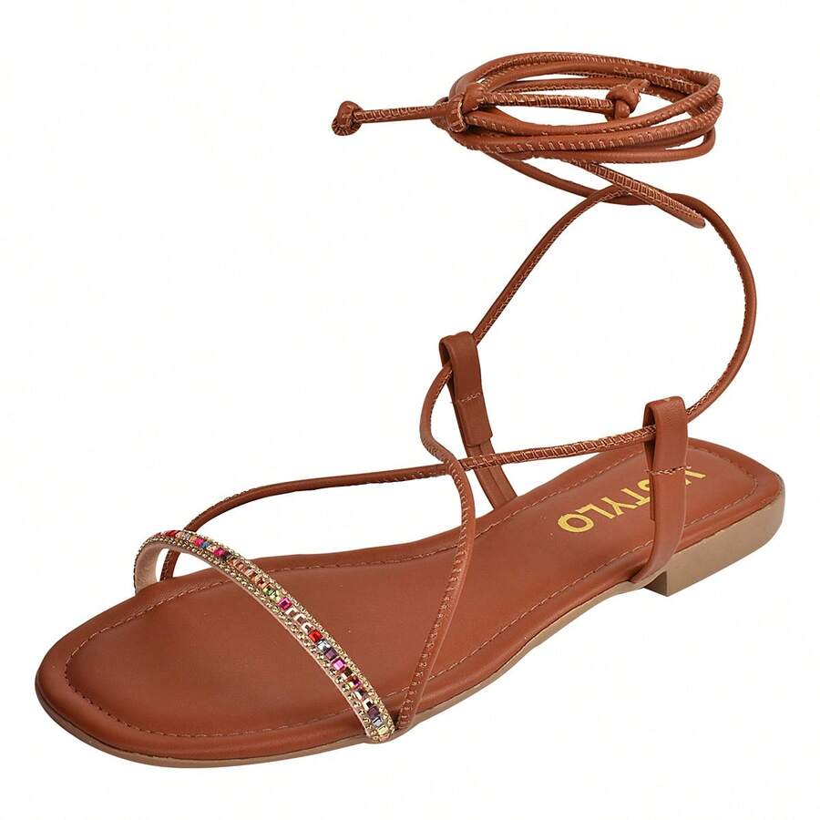 Women's Flat Sandals With Rhinestone Ties - 駝色 - 查看 1