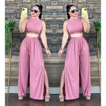 Conjunto top crop cuello redondo sin mangas pantalón con abertura - Rosa - Ver 2