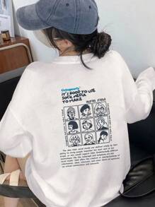 女士圆领卡通字母印花长袖 T 恤 - 白色 - 查看 1