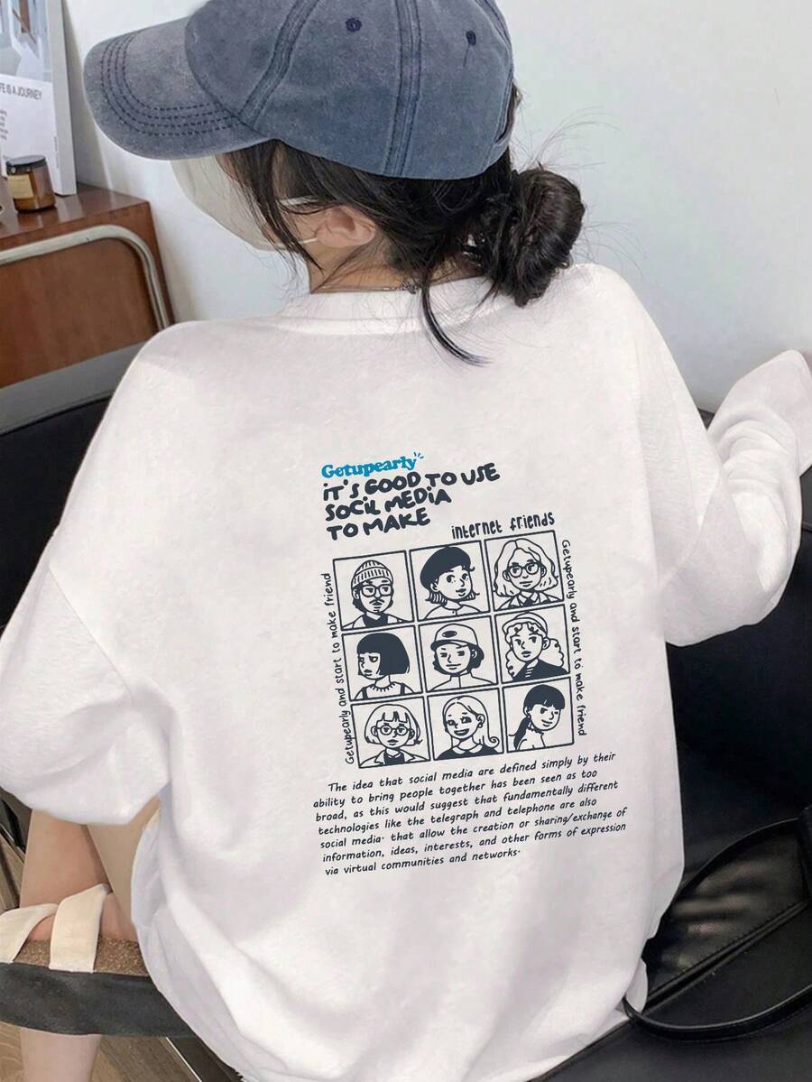 女士圆领卡通字母印花长袖 T 恤 - 白色 - 查看 1