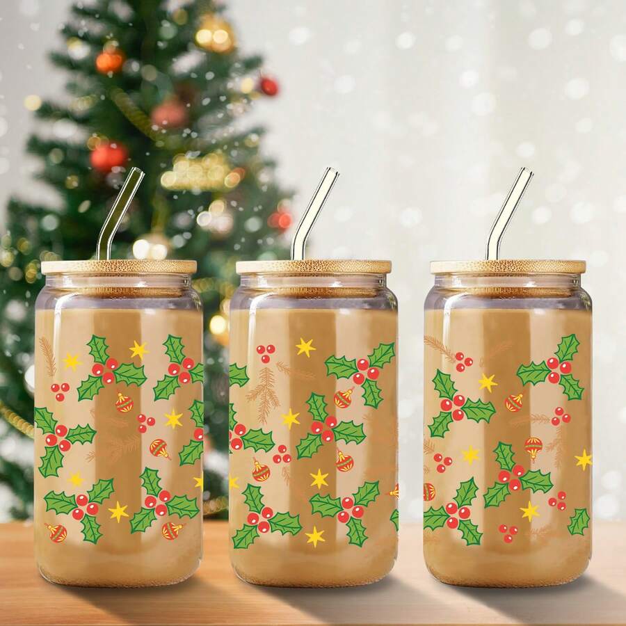 1 件 16 盎司玻璃水瓶带真空盖，3D 卡通圣诞雪人和树涂鸦印花，便携式户外旅行露营汽车咖啡杯带吸管，送给家人和朋友的礼物，圣诞派对礼物 - 彩色 - 查看 1