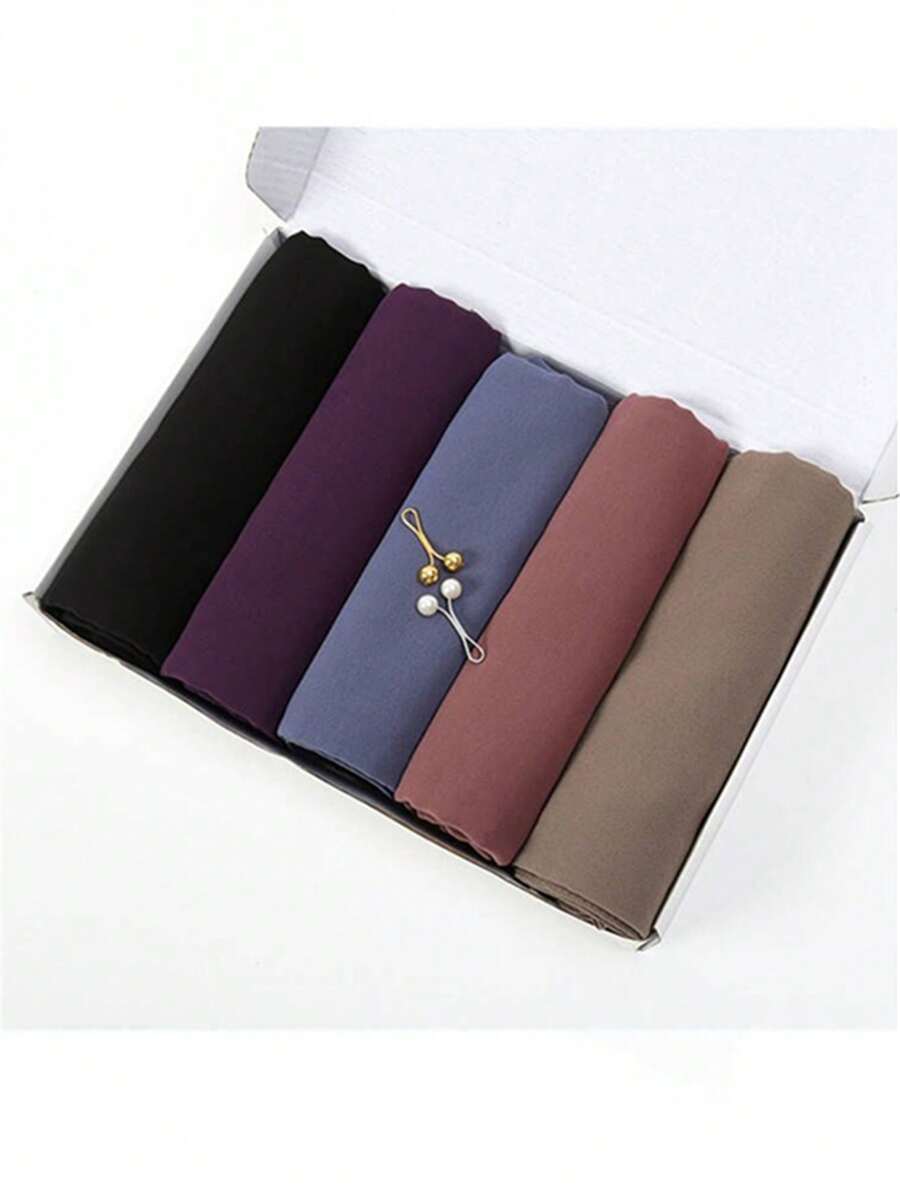 1 Box einfarbiges Chiffon-Kopftuch-Set für Damen, Kopftuch (5 Kopftücher + 2 Haarspangen)