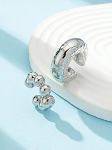 2pcs Women Simple Silver Ear Cuff Earrings Set, Fashionable Stacking Ear Cuff Earrings Set - Silver - View 2