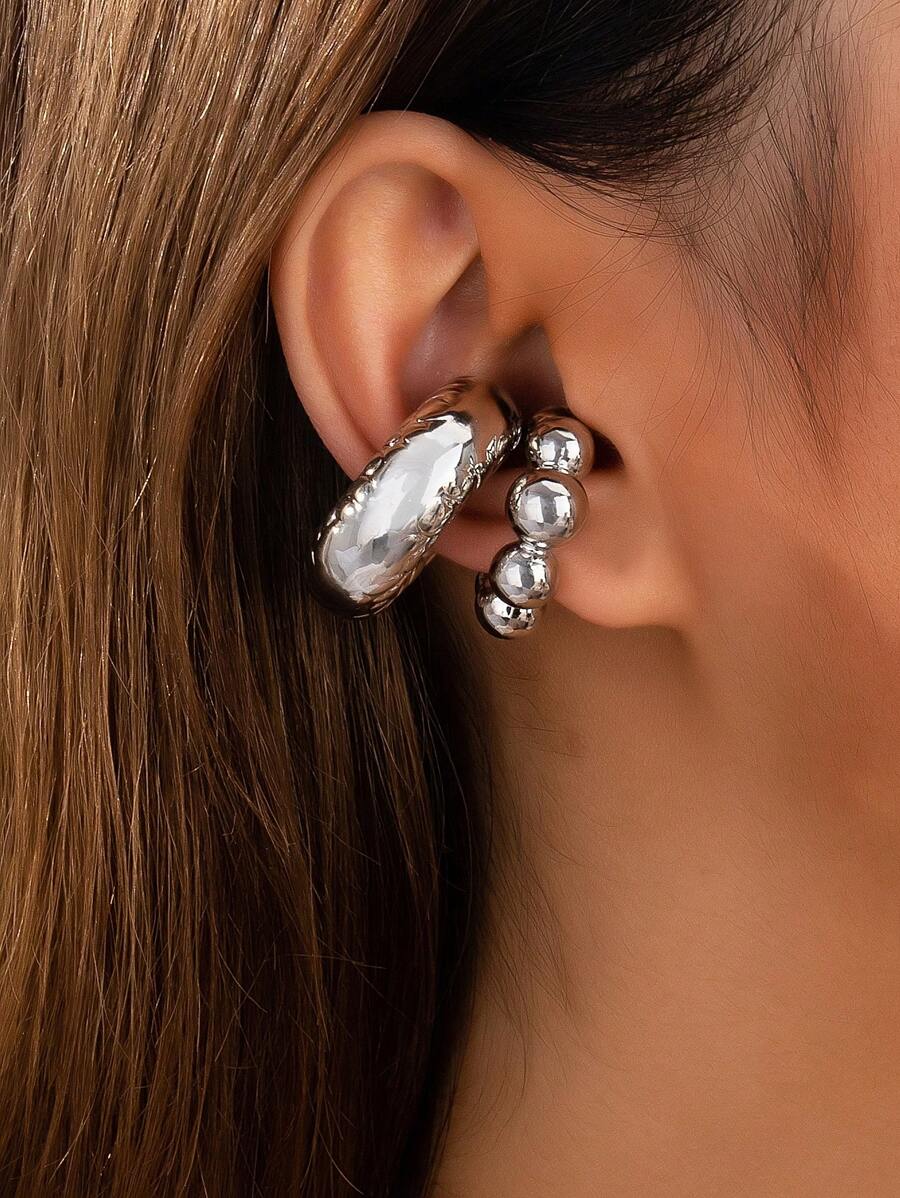 2pcs Women Simple Silver Ear Cuff Earrings Set, Fashionable Stacking Ear Cuff Earrings Set - Silver - View 1