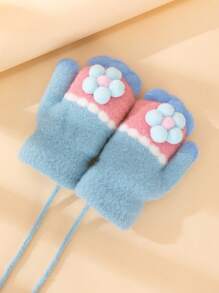 2pcs/Set 1-3 Years Old Kids Cartoon Flower Thickened Warm Full Finger Gloves, Winter