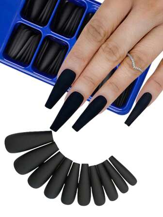 100Pcs Long Coffin Shaped Matte Black Fake Nails Set - Press On Nail Patch For Daily Wearing Solid Color Elegant Design For Women Nail Supplies Nails