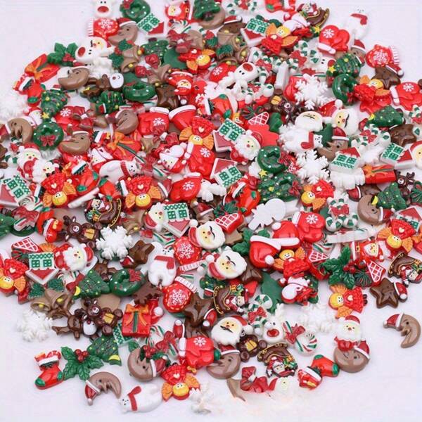 20/60/100 Stücke gemischte Weihnachts-Harzhandwerke, DIY flache Perlen, Weihnachtsmann, Weihnachtsbaum, Schneeflocken Socken Dekorationen, sortierte Weihnachts-Themen Schmuckherstellung Zubehör - zufällige Auswahl