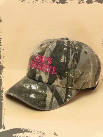 1pc Fashion "God's Favorite" Embroidered Letter & Tree Branch Design Distressed Baseball Cap, Adjustable Brim Sun Hat, Suitable For Everyday Outdoor Wear