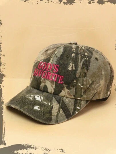 1pc Fashion "God's Favorite" Embroidered Letter & Tree Branch Design Distressed Baseball Cap, Adjustable Brim Sun Hat, Suitable For Everyday Outdoor Wear