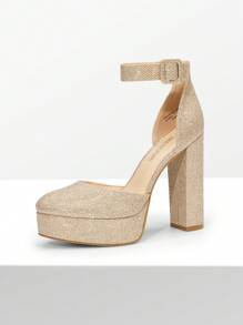 Women's High Chunky Heels Pumps Elegant Solid Color Platform Ankle Strap Dress Round Closed Toe Wedding Party  Fashionable Comfortable Shoes - 金色 - 查看 4