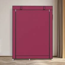 loefme Canvas Wardrobe With Clothes Hanging Rail Shelves Home Fabric Storage Cupboard - Red - View 9
